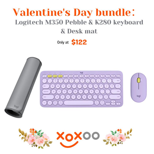 Valentine Day Bundle: Logitech K380 Multi Device Keyboard Lemonade , M350 Bluetooth Wireless Lavender Lemonade Mouse & Desk Mat